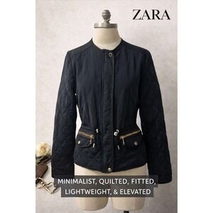 Zara Blue Quilted Jacket Minimalist Fitted Gold Hardware Lightweight Size 4